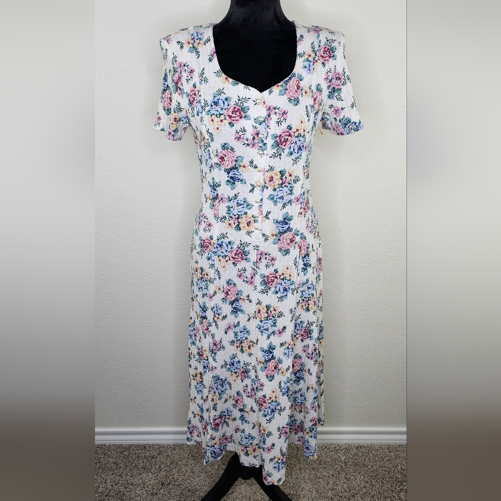 Vintage 80's Ms Conduct Cotton Blend Cottagecore USA Floral Midi Dress 12P